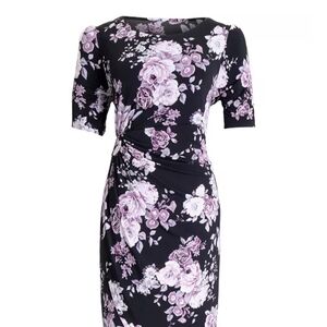 Connected Apparel Black and Pink Floral Midi Dress